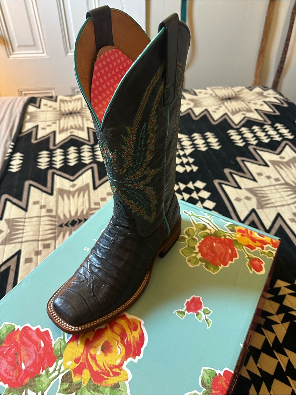 Macie Bean Dark Brown Western Boot with Teal Stitching